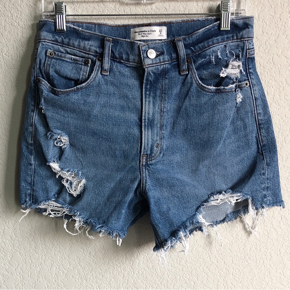 Abercrombie and Fitch High Rise Mom Shorts 4 Cutoff Distressed Jean Denim